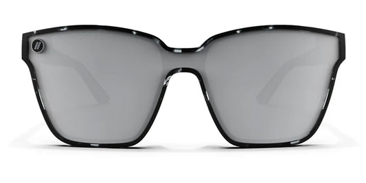 A close up, front view of the Sterling Lady Blenders Sunglasses showcasing the crystal gray and solid black tortoise patterned frames and polarized silver mirrored lenses.