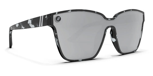 A close up, angled view of the front and right side of the Sterling Lady Blenders Sunglasses showcasing the crystal gray and solid black tortoise patterned frames and polarized silver mirrored lenses of the sunglasses.