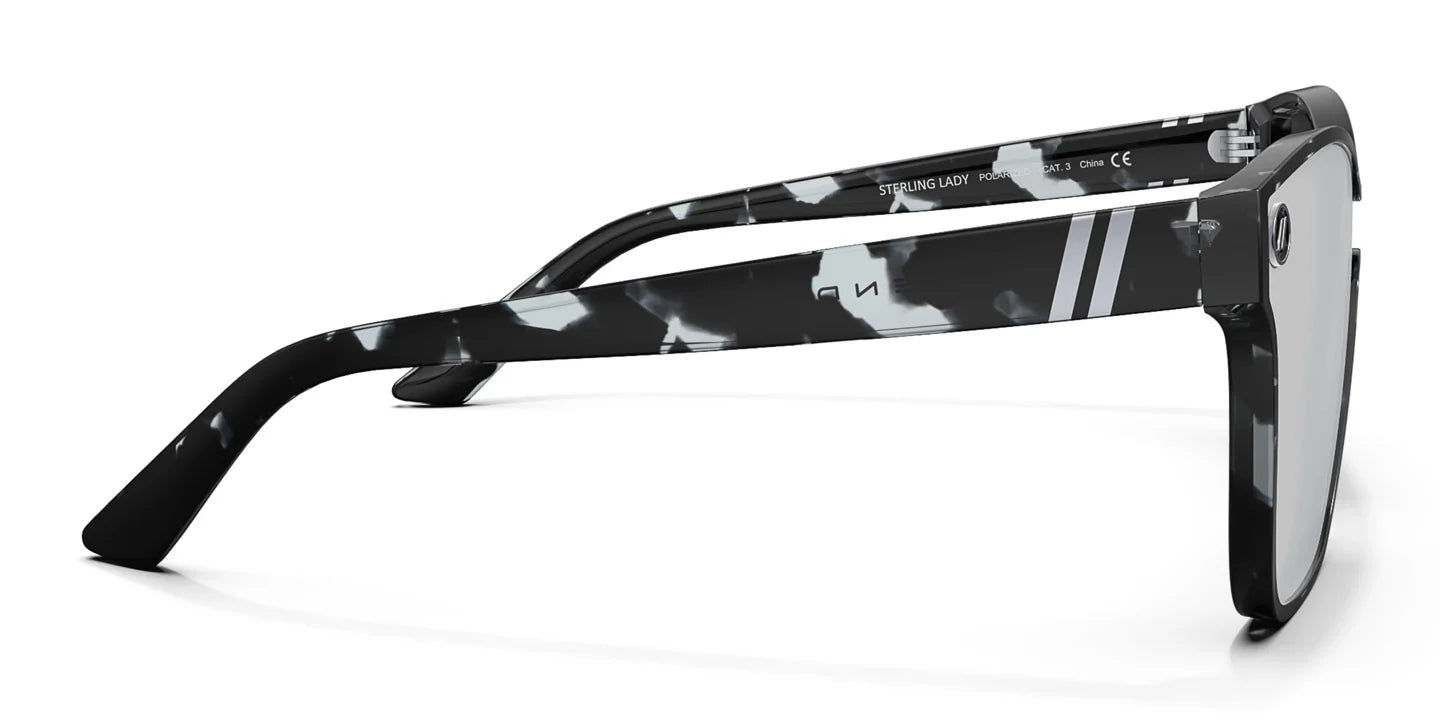 A close up, right side view of the Sterling Lady Blenders Sunglasses showcasing the inside and outside of the crystal gray and solid black tortoise pattern frames and polarized silver mirrored lenses of the sunglasses.