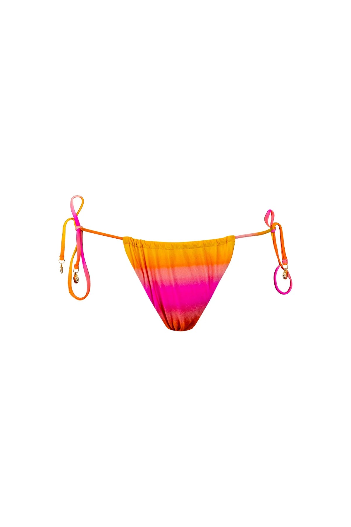 A vibrant orange and pink gradient bikini bottom, featuring adjustable side ties with decorative rings. Perfect for summer beach vibes.