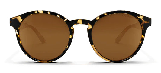 A close up, front view of the Tort Blenders Sunglasses showcasing the gloss tan tortoise frame and polarized PureBlend™ amber lenses of the sunglasses.