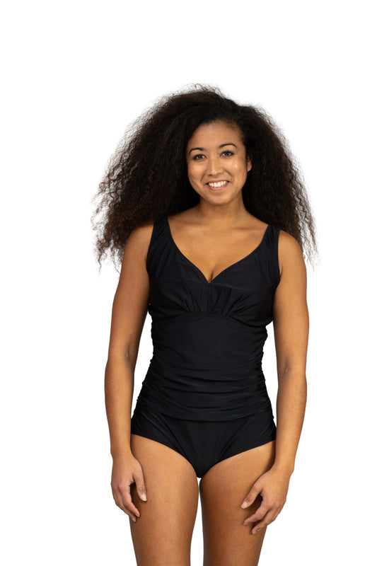 Black V-Neck Side Shirred Plus Size One Piece Bathing Suit