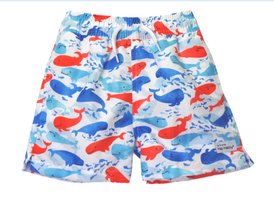 Flap Happy UPF 50 Wesley Swim Trunks with Mesh Liner - Splish Splash Whale Blue